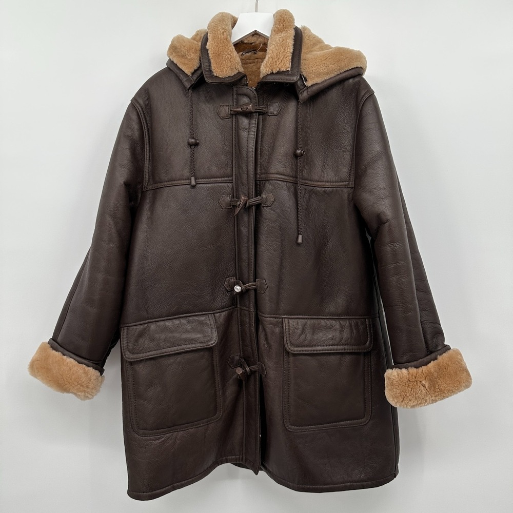 Infinity London Coat Leather Shearling Sheepskin Size XL 1X Hooded Duffle Cabin